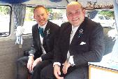 A Other Campervan called woolie-wedding-1219 and Groom on left with Bestman for hire in reading, Berkshire