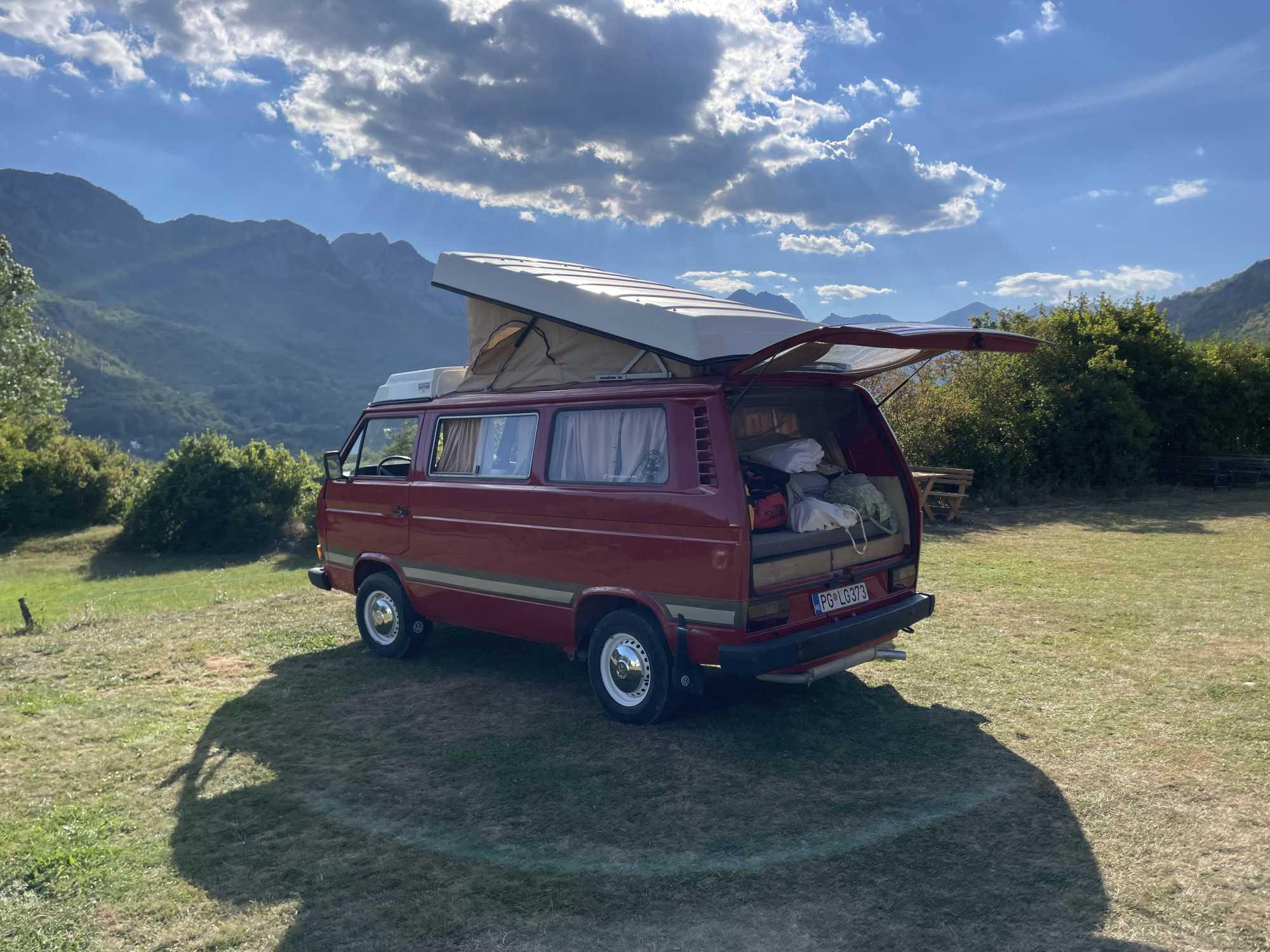 A VW T3 campervan called Red-Westfalia-Camper and for hire in Podgorica, 