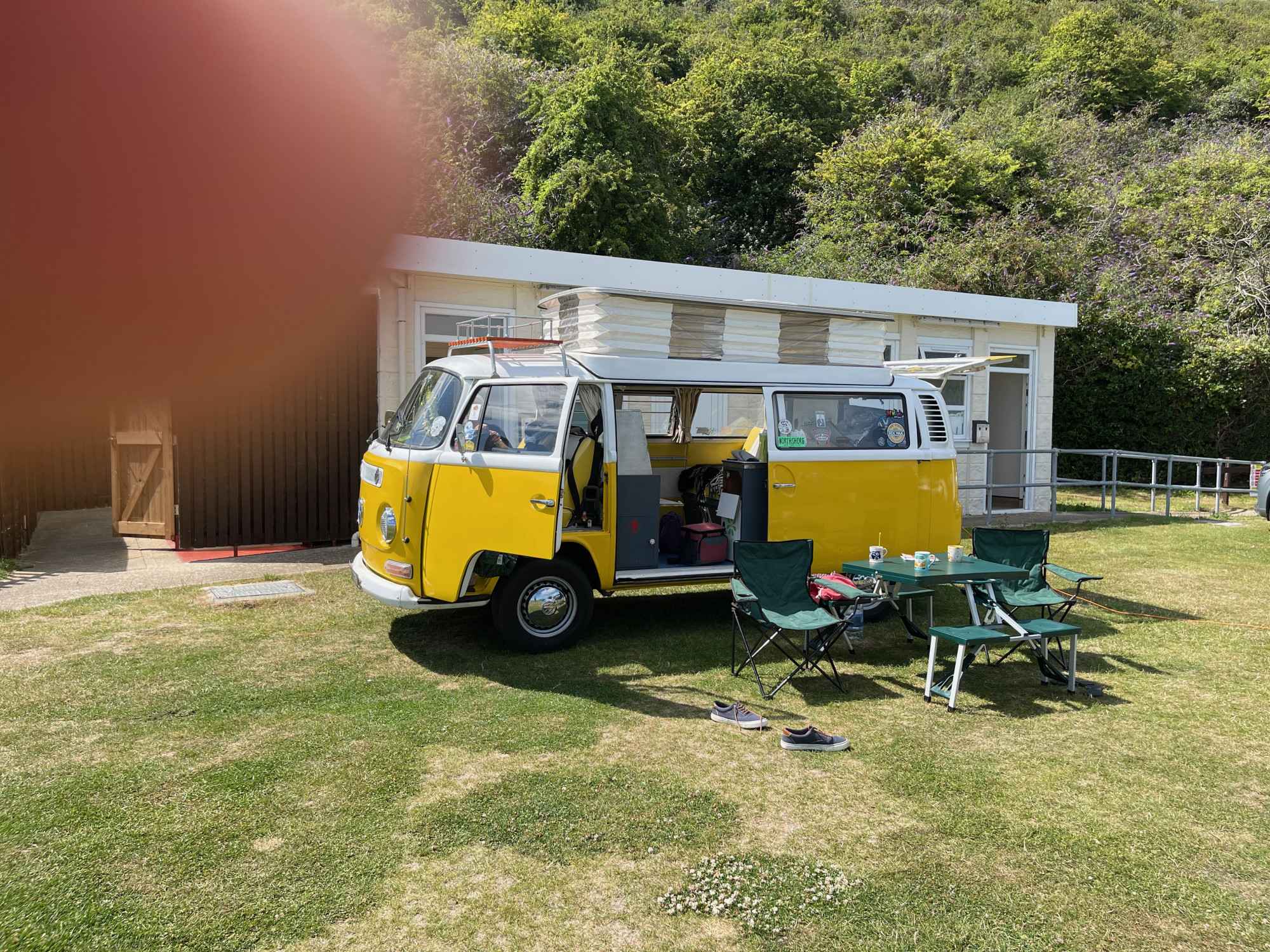 A VW T2 Classic Campervan called Haroldinho-0924 and Tranquility after the gig for hire in Canterbury, Kent