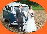 A Other Campervan called 1967WeddingSplity-1219 and Bride and Groom posing for photos for hire in Worcester Park, Surrey