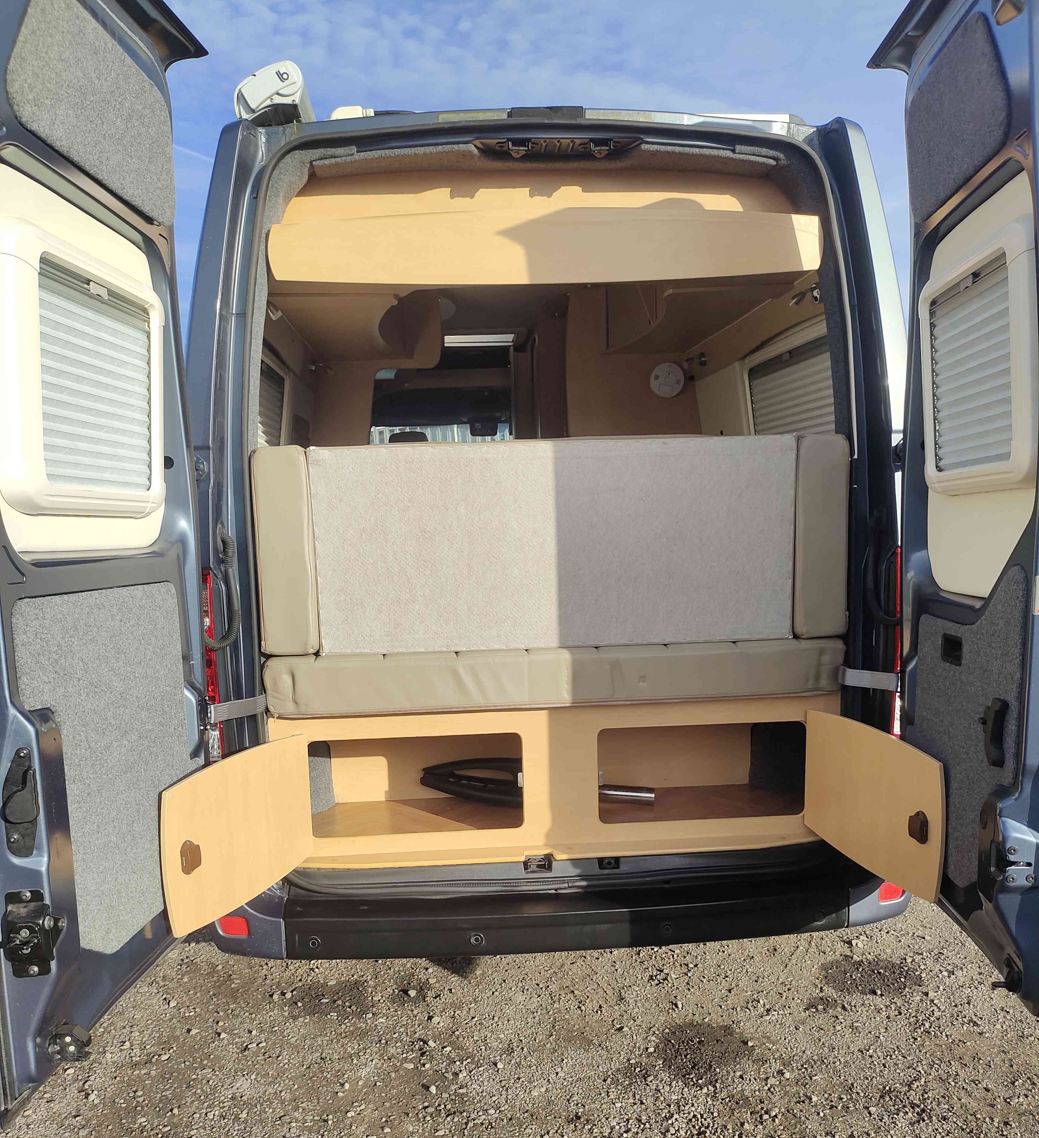A Renault Campervan called Raquel and Rear of van under bed storage for hire in Morpeth, Northumberland
