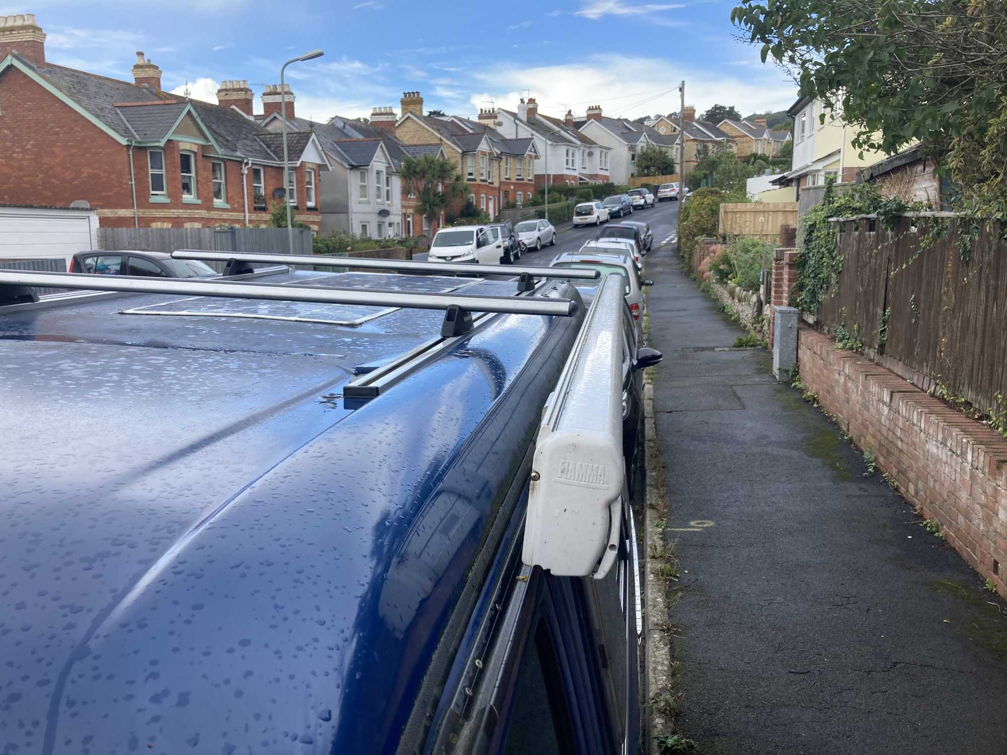 A VW T4 Campervan called Big-Blue and Wind out awning and roof rack recently added for hire in Teignmouth, Devon